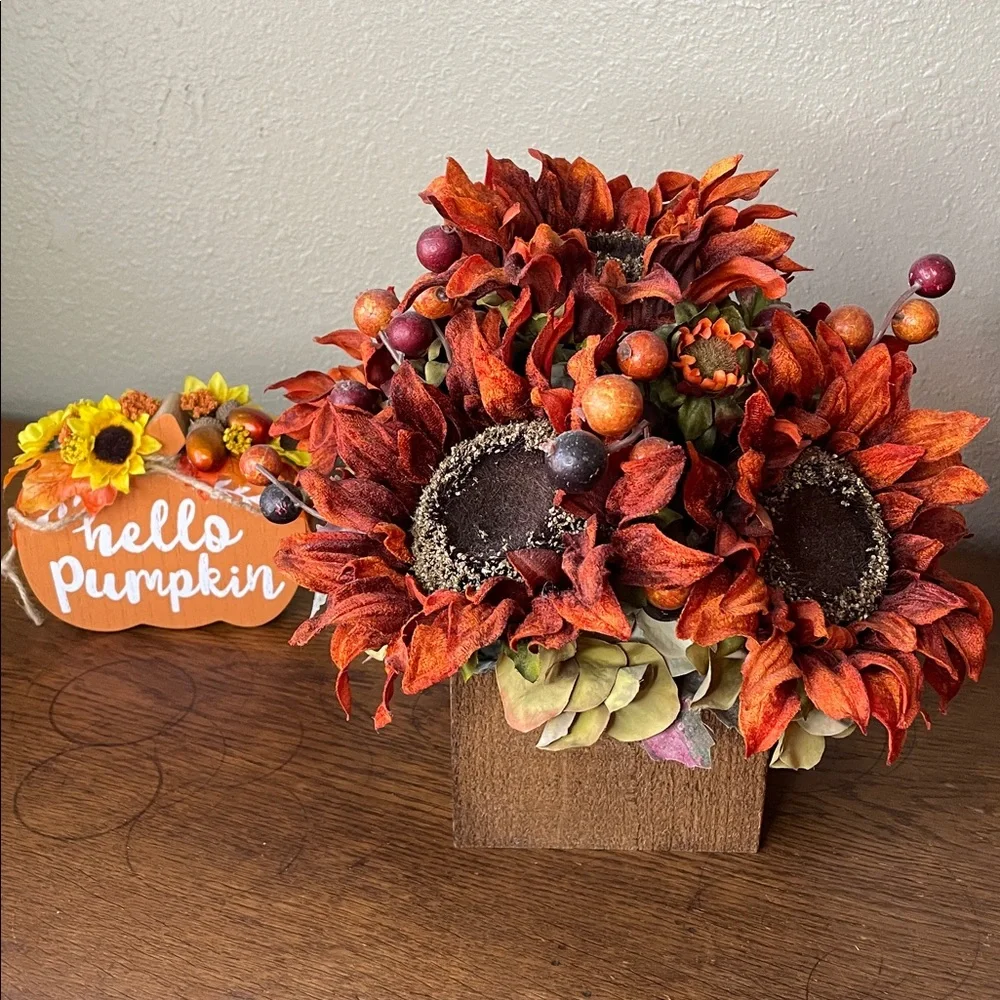 Deep Rust Sunflowers and Berries in a Handmade Cedar Box.